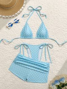 Swim Vcay 夏季新款海滩度假派对下午茶波点印花微三角侧系带褶皱三件套女士泳装套装 - 彩色 - 查看 3
