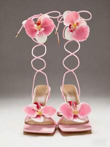 SHUZIA Giày sandal cao gót bằng satin buộc dây, họa tiết hoa quyến rũ dành cho nữ. - Hồng - Xem 7