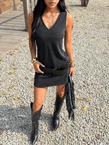 Muchica 黑色水洗宽松休闲女式连衣裙 - 黑色 - 查看 6