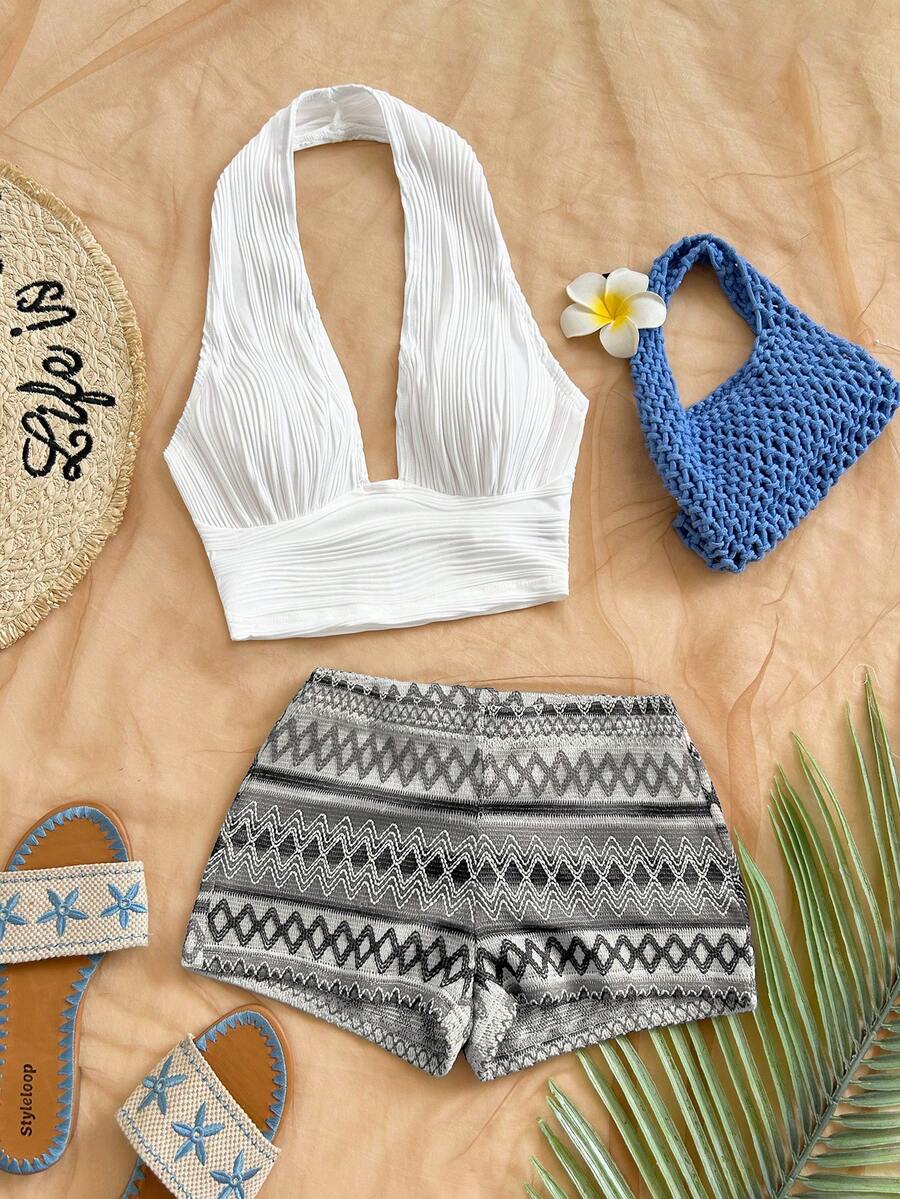 Soleia 波西米亚浪漫花卉度假两件套：彩色条纹吊带背心和短裤，适合休闲海滩、婚礼宾客、毕业典礼、圣帕特里克节、春假、复活节、音乐节等场合。 - 黑與白 - 查看 1