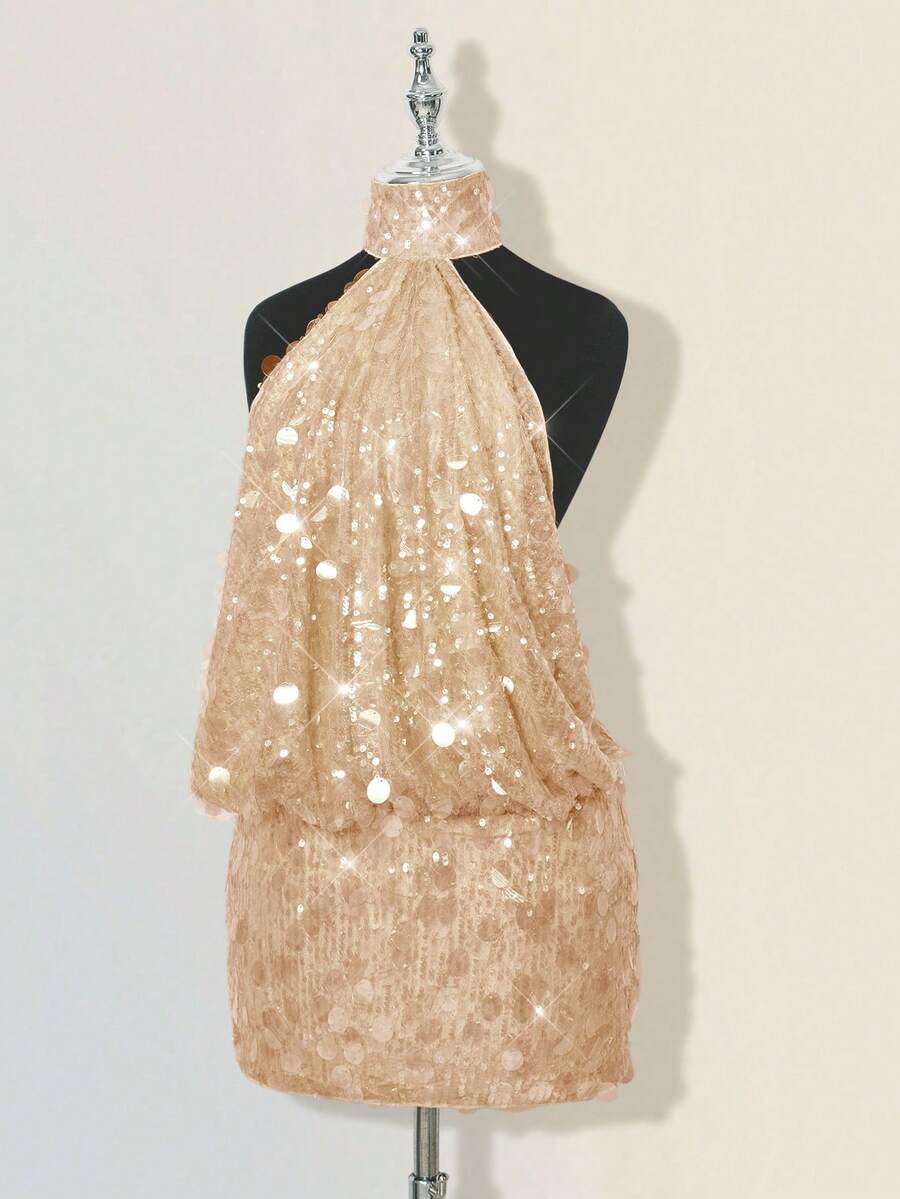 SHEIN ICON Glittering Sequin High Neck Backless Ruched Bodycon Mini Dress,Summer Dresses For Women - Apricot - View 1