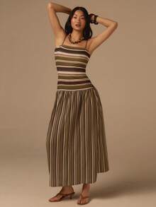 COSMINA 女士优雅印花条纹无袖连衣裙，适合通勤、办公、外出、海滩、约会、晚宴等多种场合，春季百搭 - 彩色 - 查看 5