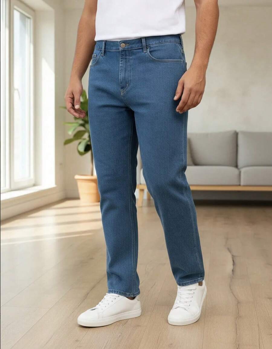 Jeans Hombre Corte Recto Rígido Mezclilla 5 Bolsillos Casual Clásico Para Uso Diario - Azul - Ver 1