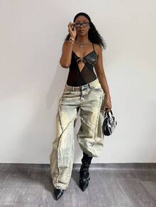 StreetHx 女士PU皮革网纱镂空性感露背连体衣，适合音乐节、派对等场合 - 黑色 - 查看 3