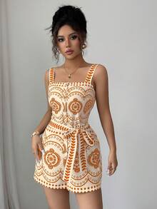 Rafferiza Orange Dopamine Floral Digital Print Jumpsuit, Fashionable & Versatile For Vacation Vacation Dress - Orange - View 7