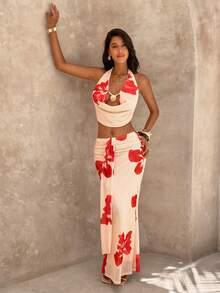 Glamine Bộ đồ 2 mảnh gợi cảm, thanh lịch dành cho nữ, gồm áo croptop cổ yếm buộc dây và váy dài, thích hợp cho kỳ nghỉ biển. - Nhiều màu - Xem 8