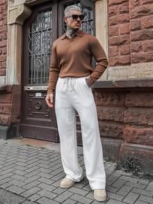 Artur Kramer HUODA 男士宽松薄款长袖条纹针织 Polo 衫，简约时尚，适合日常通勤、春秋季穿着。 - 咖啡棕 - 查看 5