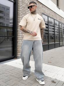 Artur Kramer ONE WAVE 男士休闲百搭简约英文标语印花短袖T恤 - 杏色 - 查看 1