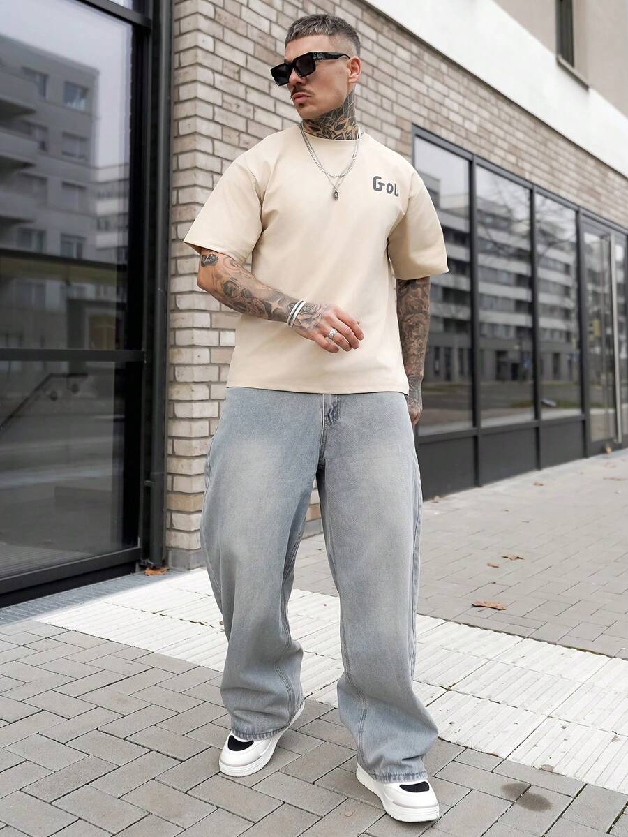 Artur Kramer ONE WAVE 男士休闲百搭简约英文标语印花短袖T恤 - 杏色 - 查看 1