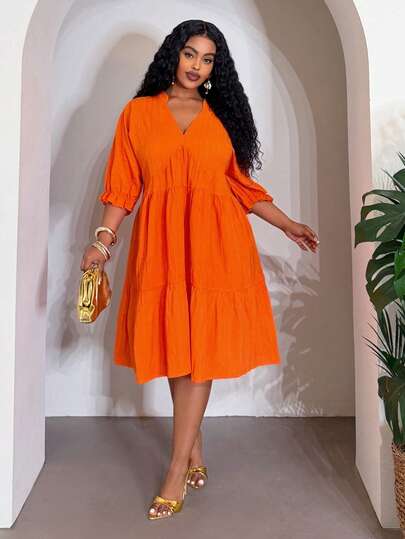 Veslaya 2026 Spring/Summer Plus Size Women's Music Festival, Easter, Western, Nomadic, Birthday Party, Graduation, College, Student, Daily Casual, Basic, Vacation, Cruise, Beach, Sunbathing, Viral, Streetwear, Wedding Guest, Commute, Brunch, Airport, Party, Holiday, Elegant Gala, Ball, Leisure, High-End Elegant Orange Textured V-Neck Split Sleeve A-Line Mini Dress Dresses For Women Zanzea Dress For Women Ycv9w Discount Code For Woman Dress Work Outfits Women