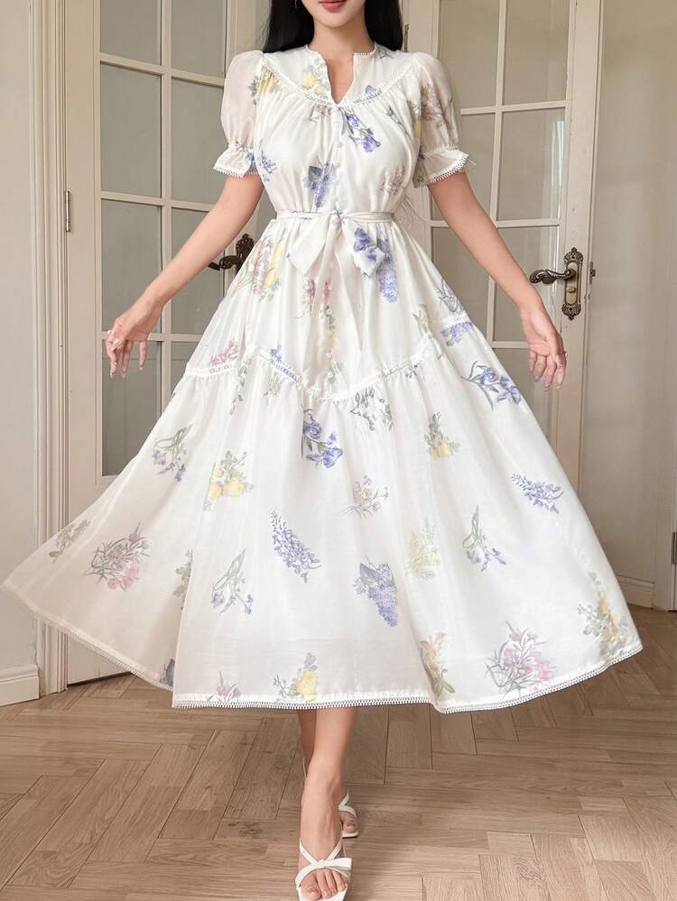 French Elegant Floral Print Lace Loose Doll Princess Dress, Summer