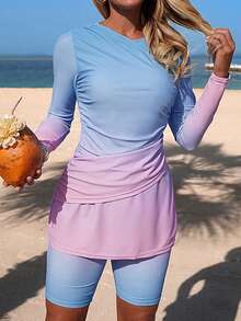 Swim Shayni Women's Ombre Ruched Long Sleeve Top And Shorts Tankini Swimsuit Set, Beach Vacation - Green - View 1