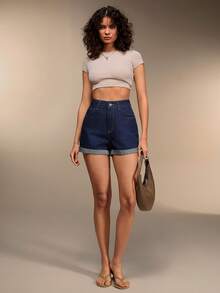 EURMUSE 高腰卷边牛仔短裤 - 深色水洗藍 - 查看 5