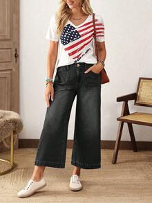Plus Size Casual Vintage Washed Wide Leg Jeans - Black - View 6
