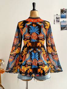 Soleia 大码女士度假针织网纱复古花卉图案V领长袖喇叭袖前系带蝴蝶结A字衬衫 - 彩色 - 查看 2