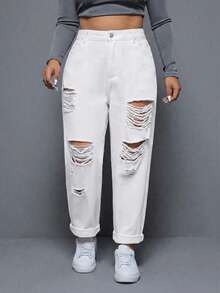 SHEIN ICON Jeans desgastados de unicolor versátiles y casuales de talla grande - Blanco - Ver 1