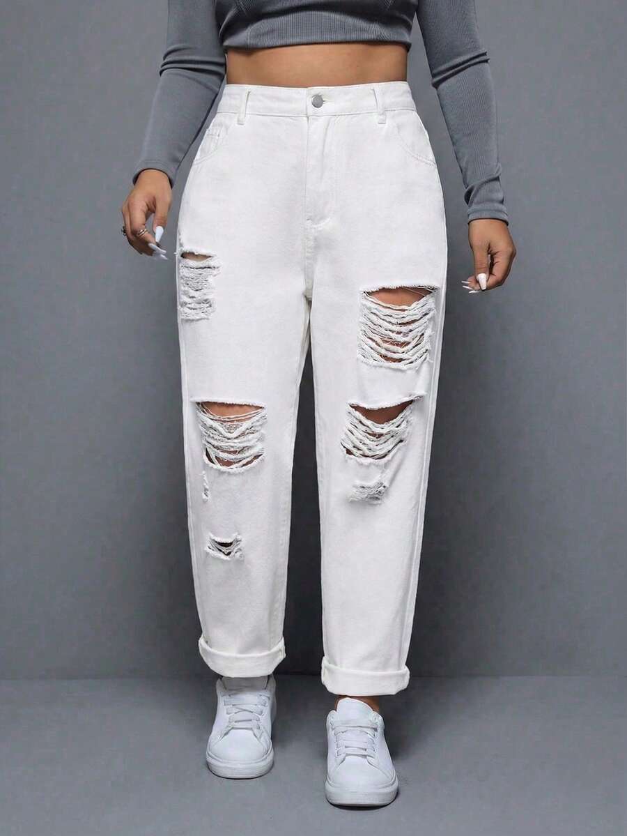 SHEIN ICON Jeans desgastados de unicolor versátiles y casuales de talla grande - Blanco - Ver 1