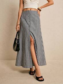 Poéselle Women's Plaid Single-Breasted Casual/Work Skirt - Black and White - View 6