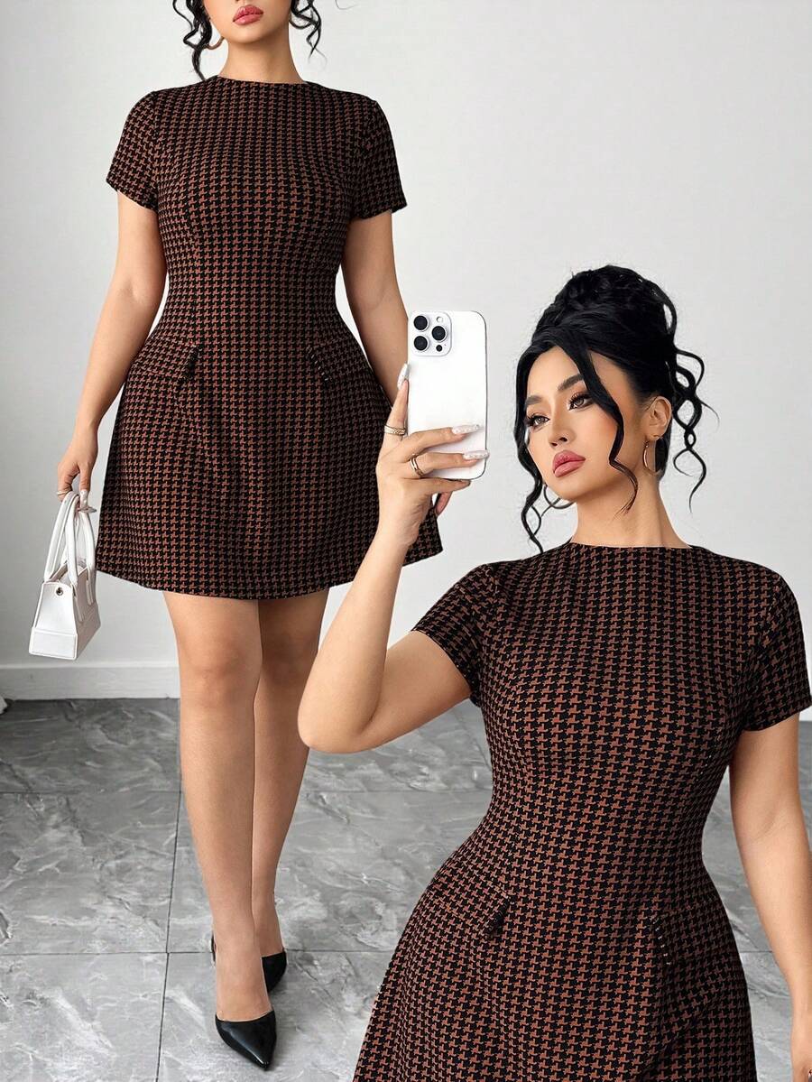 Elenzga 大码女士经典千鸟格收腰优雅短袖连衣裙，适合通勤、购物和日常穿着，四季皆宜 - 彩色 - 查看 1