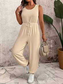 SHEIN LUNE Bộ đồ liền thân không tay đơn giản, đa năng, thường ngày cỡ lớn dành cho nữ - Màu Khaki - Xem 5