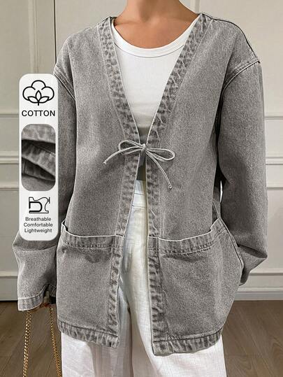 Livesso Women's Lace-Up Loose Denim Jacket, Autumn