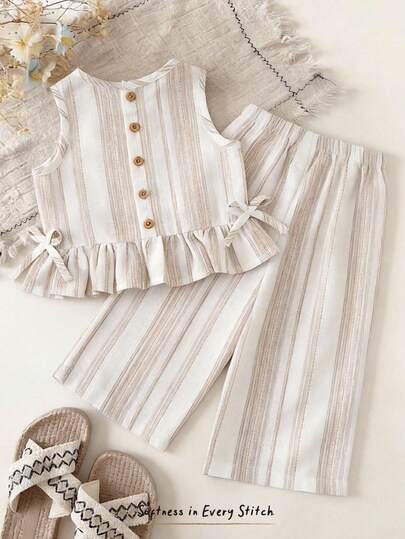 Cozy Pixies 女婴拼接纽扣荷叶边蝴蝶结装饰上衣和阔腿裤休闲日常装