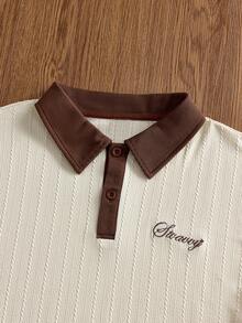 SWAVVY 男士字母刺绣撞色短袖Polo衫 - 杏色 - 查看 2