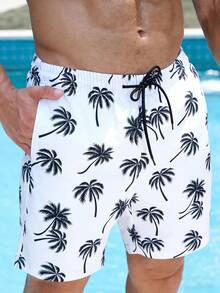 VENTUSAIL Pantalones cortos de playa casuales con cordón en la cintura y estampado de palmeras para hombres, bañadores de palmeras en blanco y negro, ropa de playa para hombres - Blanco y Negro - Ver 3
