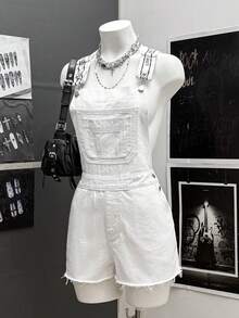 SHEIN HypeZone Y2K Fashion Casual Woven Strap White Denim Bib Shorts - White - View 7