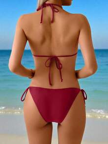 Swim Vcay Women's Summer Vacation Gold Sun Decor Black Bikini Set, Beach Outfit - Burgundy - View 2