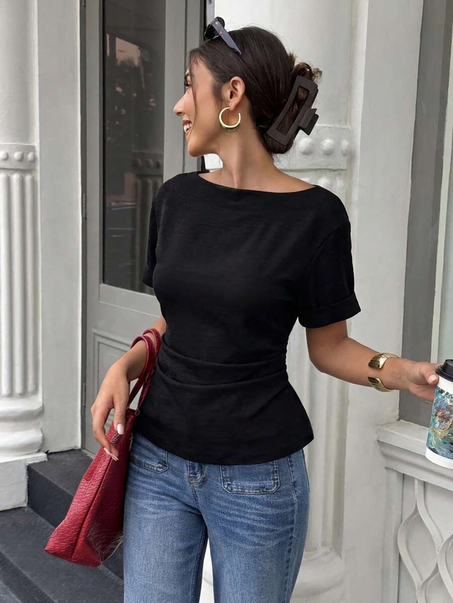 Selianne Black Cinched Waist Casual Women Blouse - Black - View 1