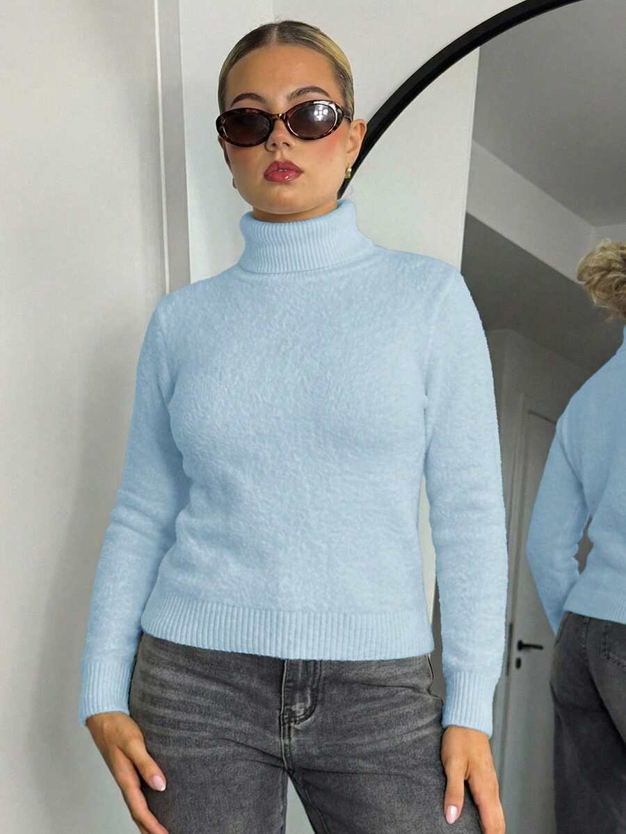 Bethéva 高领保暖内衬修身保暖长袖毛衣，秋冬新品 - 淺藍色 - 查看 1