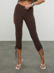 COUREZ 低腰系带针织七分裤 / Y2K 春季女装 棕色七分裤 可爱外出装 夏季度假装 夏季假日装 性感装 - 棕色 - 查看 4