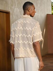 AKNOTIC Business Casual 男士卡其色针织几何条纹流苏宽松落肩休闲短衬衫，适合日常穿着、通勤、夏季、度假、派对、婚礼、情侣装、男友礼物、沙滩装、复古风 - 杏色 - 查看 6