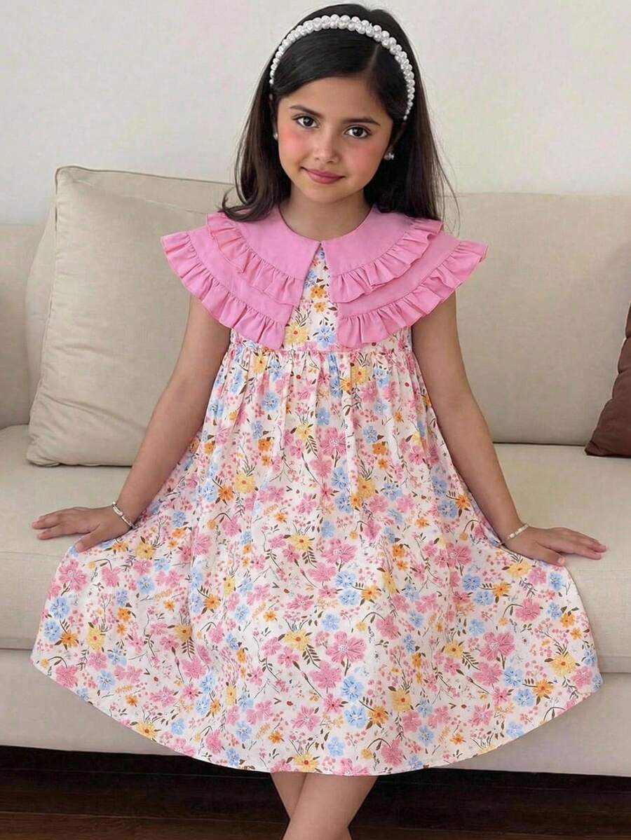 Tween Girl Loose Elegant Floral Pattern Ruffle Collar Sleeveless Dress - Multicolor - View 1