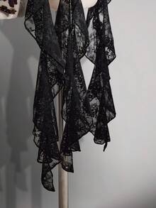 SHEIN ICON 大码女式蕾丝拼接荷叶边吊带系带性感百搭上衣，适合约会和外出穿着 - 黑色 - 查看 9