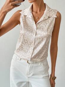 Rafferiza Women's Spring/Summer New Fashionable Minimalist Lapel Sleeveless Apricot Satin Button-Up Shirt - Apricot - View 3