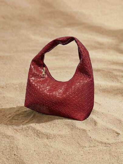 Arave 时尚编织新月手提包，编织纹理压花纯色休闲大号单肩包/斜挎包，百搭通勤包，手提包，法棍包