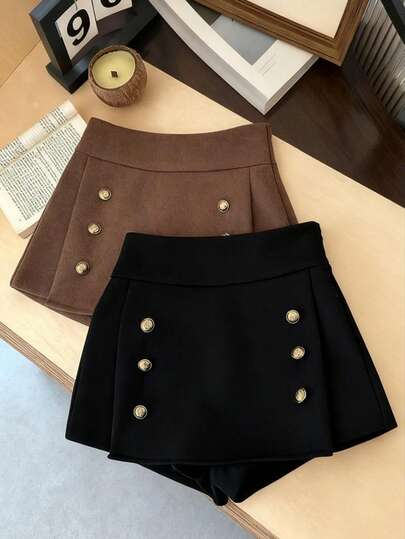 Franclia 女士新款优雅通勤金色纽扣裙裤 女士休闲裙裤 女士黑色短裤 女士度假短裤