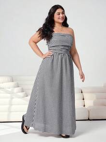 SHEIN EZwear 大码女士休闲格子无肩带连衣裙，春夏款 - 彩色 - 查看 5