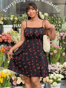 GalTyme Plus Size Women's Spring/Summer Cherry Print Twist Design Ruched Casual Party Slip Dress - Multicolor - View 4