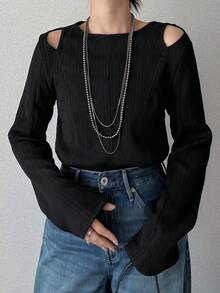FRIFUL Women's T-Shirt, Shoulder Cut-Out Design, Summer - Black - View 5