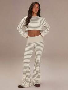 Athîral Women's Casual Everyday Commute Contrast Stripe Print Loose Fit Drop Shoulder Long Sleeve Cropped Top, Spring/Summer/Autumn - Apricot - View 3