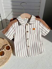 SHEIN 男女宝宝休闲可爱条纹短袖衬衫上衣，婴儿衬衫 - 杏色 - 查看 5