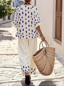 Balvessa Polka Dot Print V-Neck Blouse And Wide Leg Loose Straight Pants Two Pieces Set, Casual Vacation Outfit For Women - Multicolor - View 2