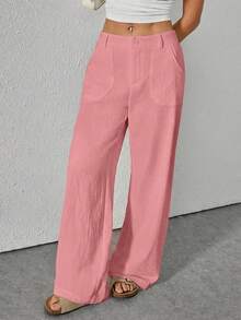 Washed Cotton Casual Solid Color Low-Waist Straight Leg Pants - Pink - View 3