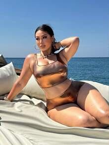 Slaydiva 大码女式夏季沙滩纯色时尚比基尼泳装套装 - 金色 - 查看 3