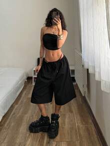 StreetHx Set de 2 piezas: Top tubo y shorts cargo de estilo urbano para mujer - Negro - Ver 4