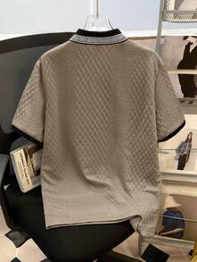 Manfinity Joysei Plus Size Men's Contrast Trim Textured Short Sleeve Polo Shirt - Khaki - View 2