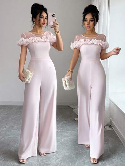 SHEIN Elenzya Women's Elegant Pink Jumpsuit With Shoulder Ruffle Trim, Sheer Chiffon Shoulder Inset, Casual, Holiday, Daily, Date, Outing, Valentine's Day, Wedding, Party Wear